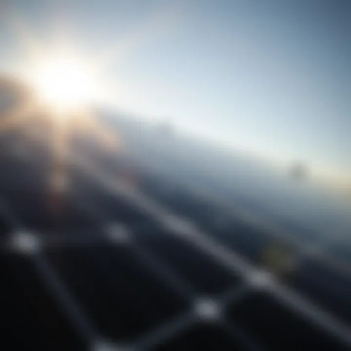 Close-up of solar panels with sunlight reflection