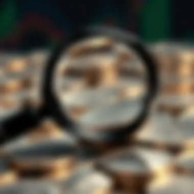 A magnifying glass over silver coins representing careful evaluation