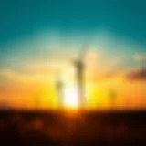 Wind turbines against a sunset sky