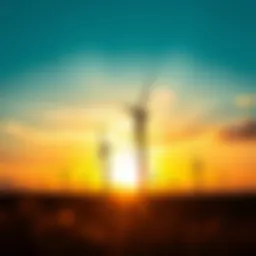 Wind turbines against a sunset sky