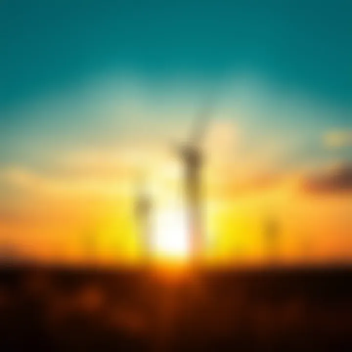 Wind turbines against a sunset sky