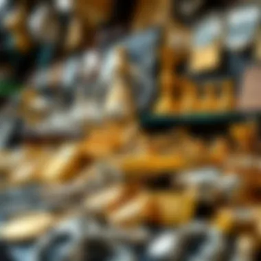 A collection of pawn shop items, including gold and silver pieces