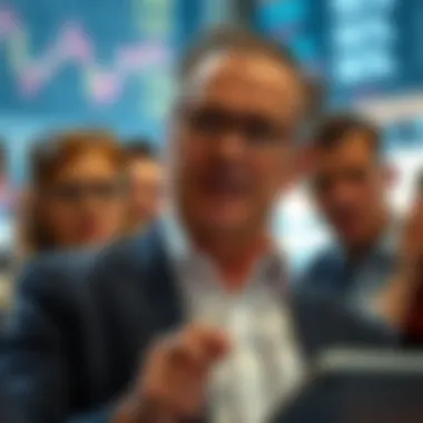 Visionary Leader in Stock Market Strategies A visionary leader guiding a group through stock market strategies