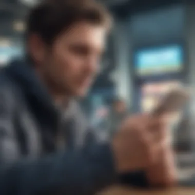 Traveler Checking Currency Rates Traveler examining currency rates on a smartphone